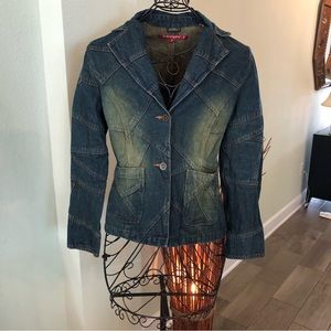 Jennyfer J denim Jean jacket front pockets distressed Patchwork Medium. EC*